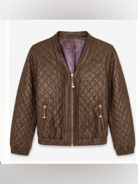 Brown Genuine Lambskin Leather Quilted Bomber Jacket Zip Front